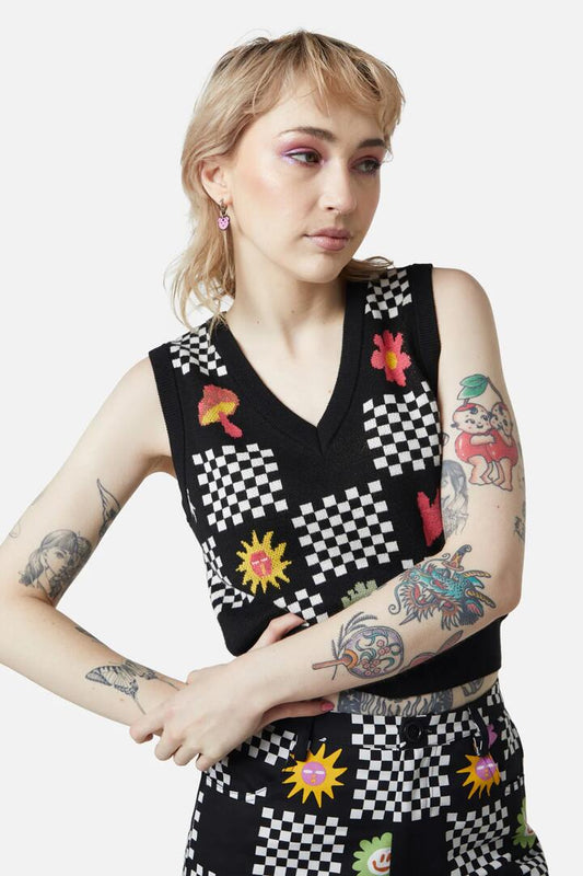 Image of a model wearing Tops. Productname: Chess At Picnic Vest in Black colour by brand - Dangerfield