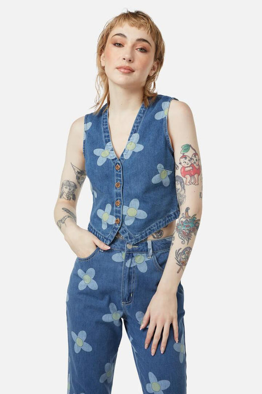 Image of a model wearing Tops. Productname: Daisy Do Vest in Blue colour by brand - Dangerfield