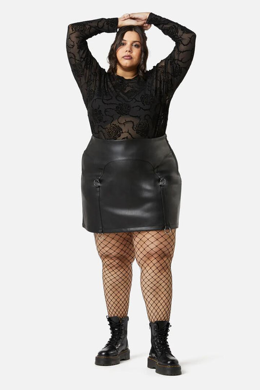 Image of a model wearing Skirts. Productname: Curve Guarded Pu Skirt in Black colour by brand - Dangerfield