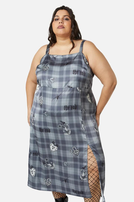 Image of a model wearing Dress. Productname: Curve Love Her Printed Satin Split Dress in Grey colour by brand - Dangerfield