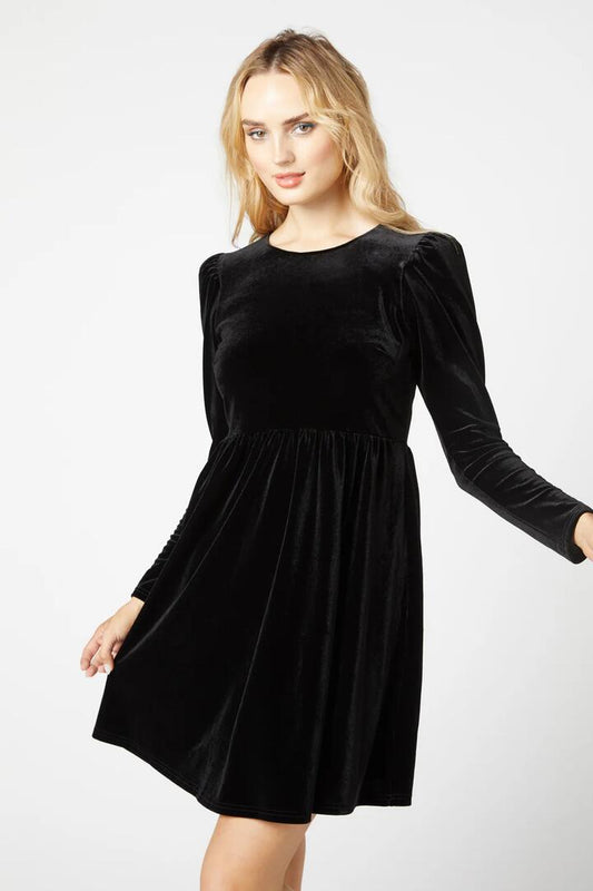 Image of a model wearing Dress. Productname: Cordelia Velvet Dress in Black colour by brand - Princess Highway