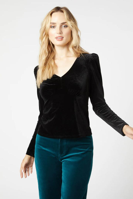 Image of a model wearing Tops. Productname: Roxy Velvet Top in Black colour by brand - Princess Highway