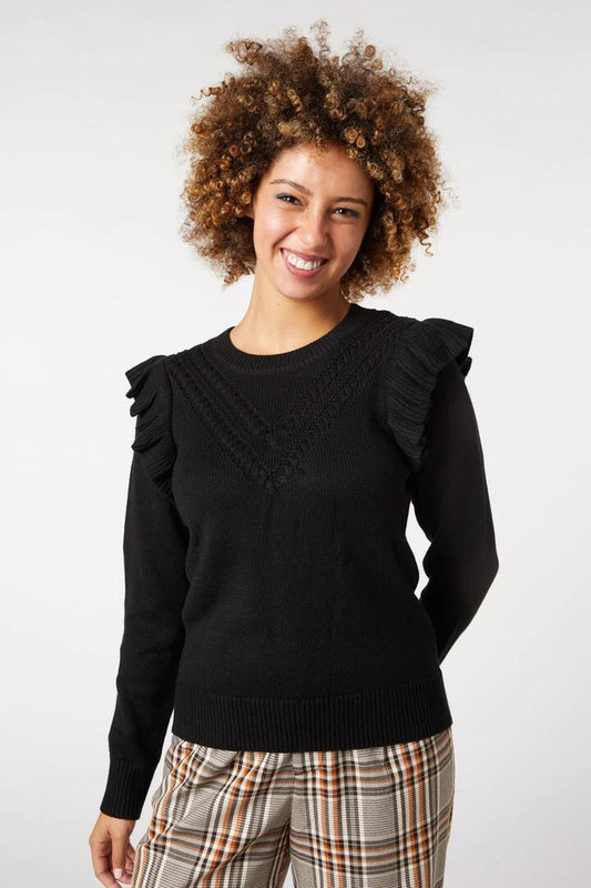 Image of a model wearing Outerwear. Productname: Katie Frill Sweater in Black colour by brand - Princess Highway