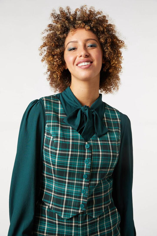 Image of a model wearing Tops. Productname: Amber Check Vest in Teal colour by brand - Princess Highway