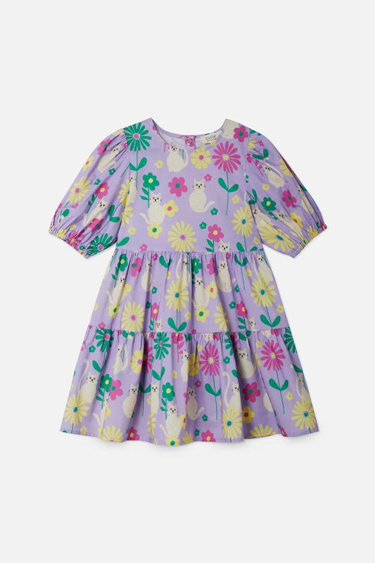 Image of a model wearing Dress. Productname: Cat Flower Kids Dress in Lilac colour by brand - Princess Highway Kids