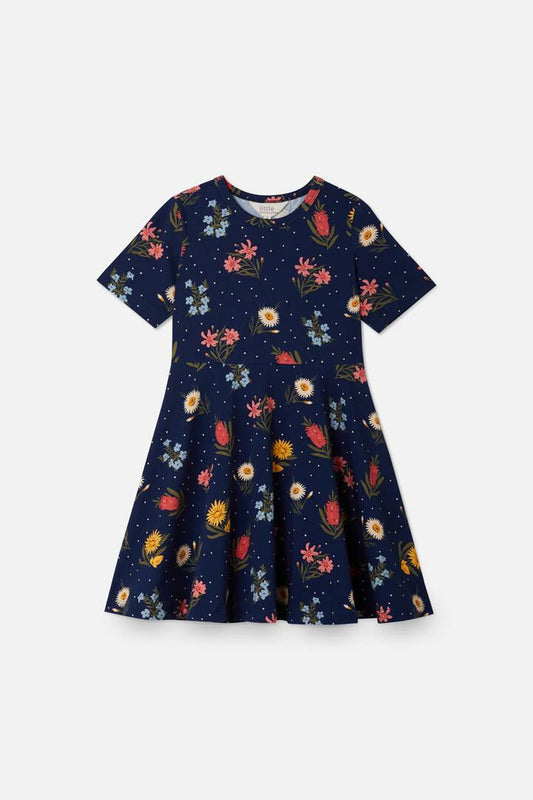 Image of a model wearing Dress. Productname: Mia Jersey Kids Dress in Navy colour by brand - Princess Highway Kids