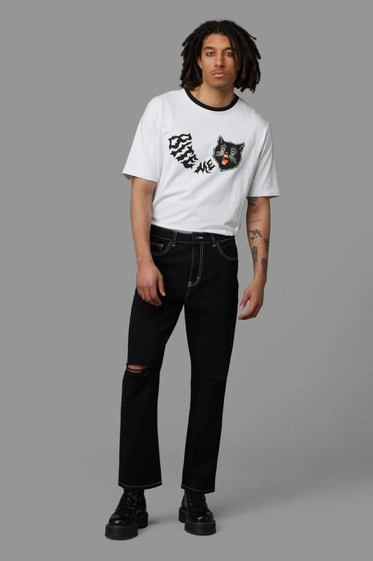 Image of a model wearing Denim. Productname: Nightmare Fuel Unisex Jean in Black colour by brand - Black Friday