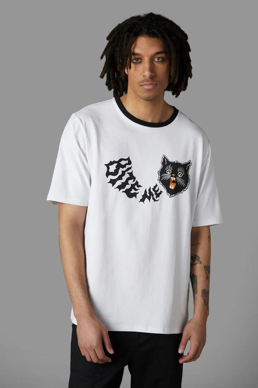 Image of a model wearing Tops. Productname: Bite Me Unisex Tee in White colour by brand - Black Friday