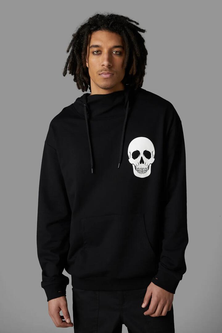 Image of a model wearing Outerwear. Productname: Skull Hoodie in Black colour by brand - Black Friday