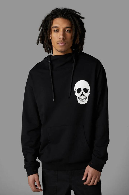 Image of a model wearing Outerwear. Productname: Skull Hoodie in Black colour by brand - Black Friday