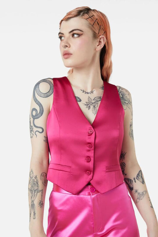 Image of a model wearing Tops. Productname: Call Me Vest in Raspberry colour by brand - Dangerfield