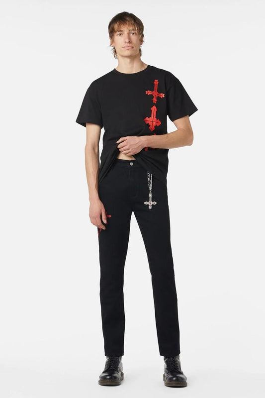 Image of a model wearing Denim. Productname: Hail Lilith Skinny Unisex Jean in Black colour by brand - Dangerfield