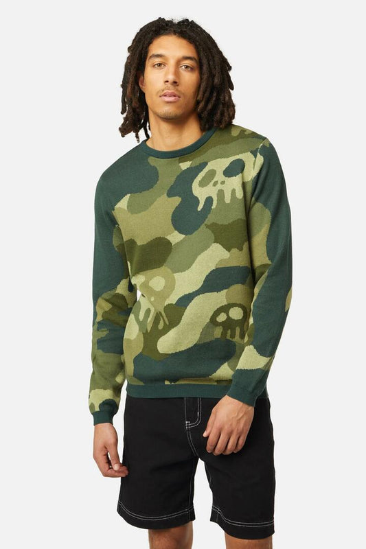 Image of a model wearing Outerwear. Productname: Nook Of The Garden Camo Knit Jumper in Green colour by brand - Dangerfield