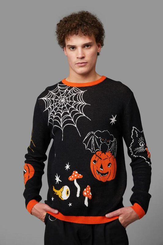 Image of a model wearing Tops. Productname: Spooky Season Knit in Black colour by brand - Black Friday