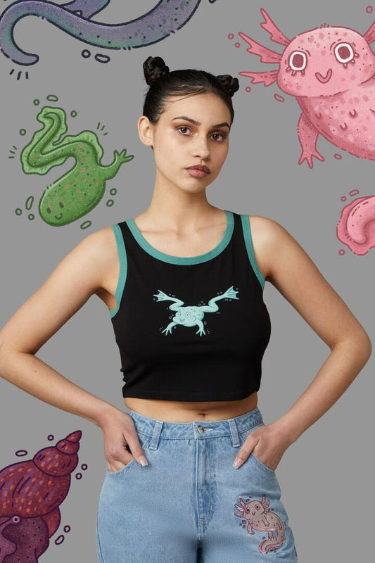 Image of a model wearing Tops. Productname: Froggy Tank in Black colour by brand - Black Friday
