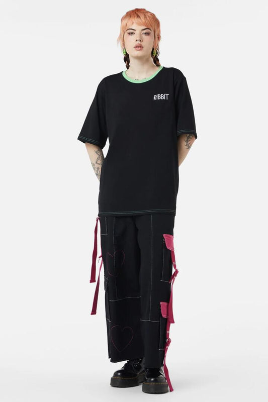 Image of a model wearing Tops. Productname: Kewties OS Froggo Tee in Black colour by brand - Dangerfield