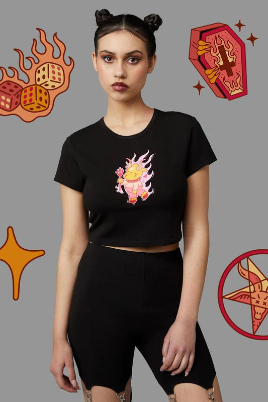 Image of a model wearing Tops. Productname: Hellish Tee in Black colour by brand - Black Friday