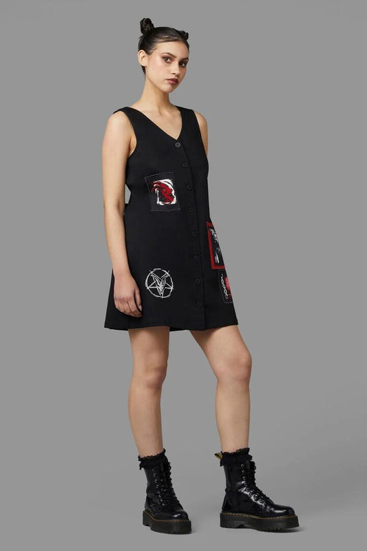 Image of a model wearing Dress. Productname: Baphomet Pinafore in Black colour by brand - Black Friday