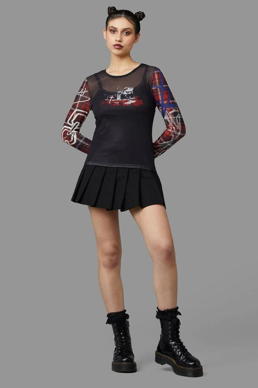 Image of a model wearing Tops. Productname: Tag Tartan Grave Mesh Top in Black/Red colour by brand - Black Friday