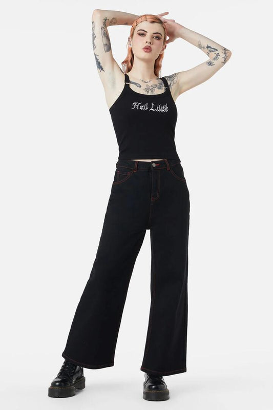 Image of a model wearing Denim. Productname: Hail Lilith Wide Leg Jeans in Black colour by brand - Dangerfield