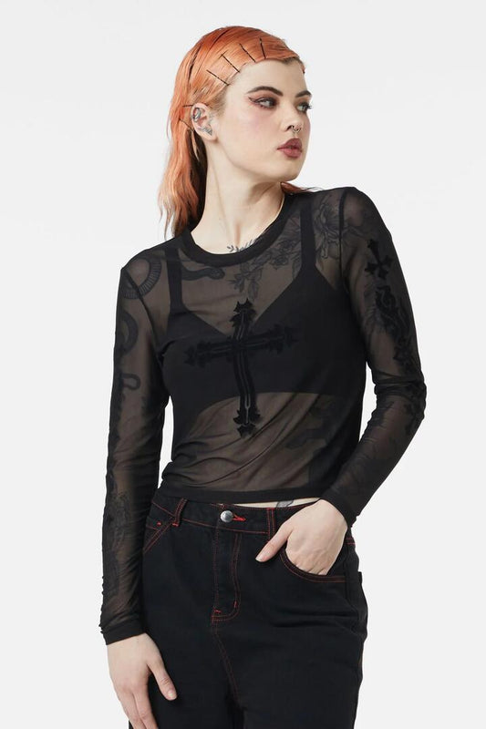 Image of a model wearing Tops. Productname: Hail Lilith Flocked Mesh Top in Black colour by brand - Dangerfield