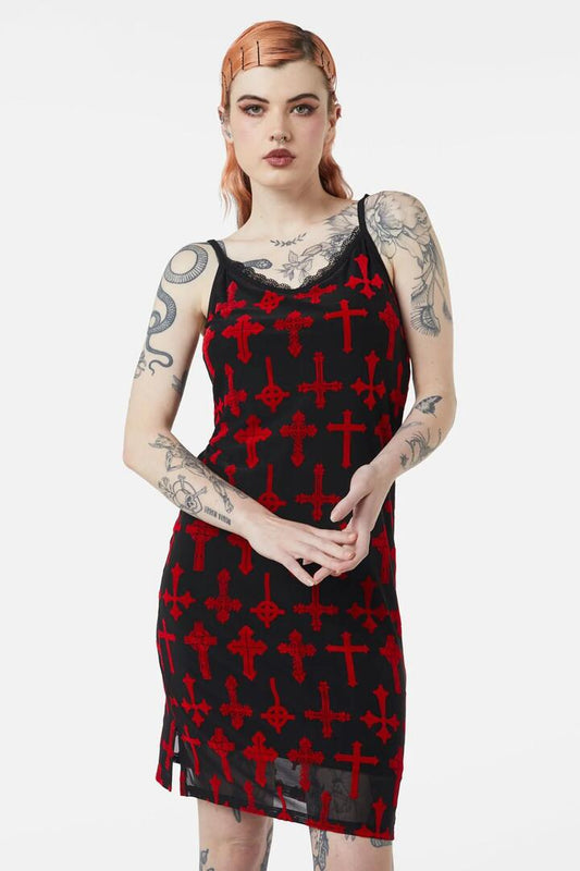 Image of a model wearing Dress. Productname: Vowed Flocked Mesh Dress in Red colour by brand - Dangerfield