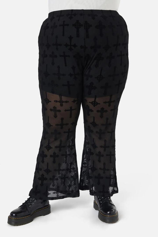 Image of a model wearing Pants. Productname: Vowed Flocked Mesh Pant in Black colour by brand - Dangerfield