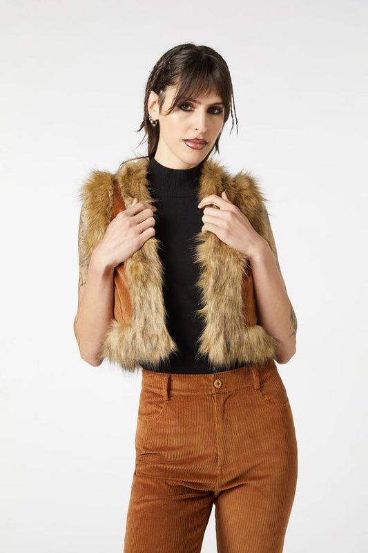 Image of a model wearing Tops. Productname: Moss Cord Vest in Brown colour by brand - Dangerfield