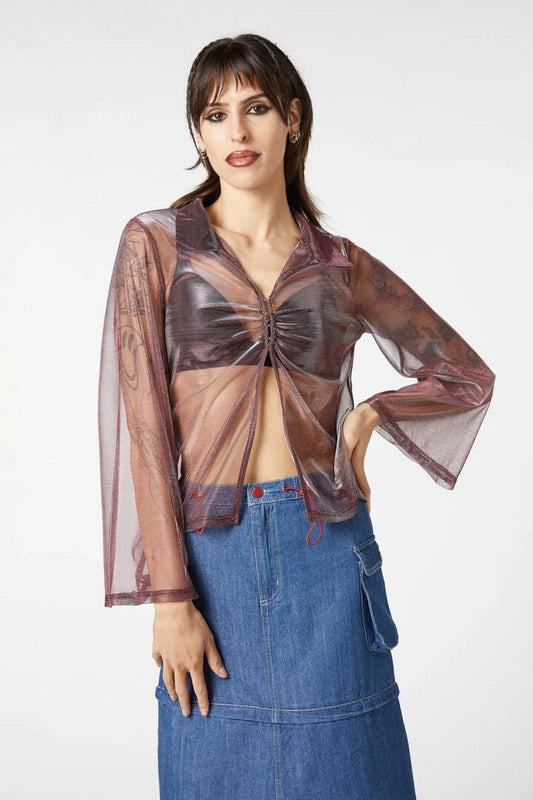 Image of a model wearing Tops. Productname: Moonstone Blouse in Plum colour by brand - Dangerfield