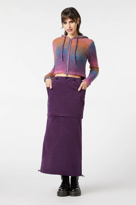 Image of a model wearing Skirts. Productname: Grapejuice Skirt in Plum colour by brand - Dangerfield