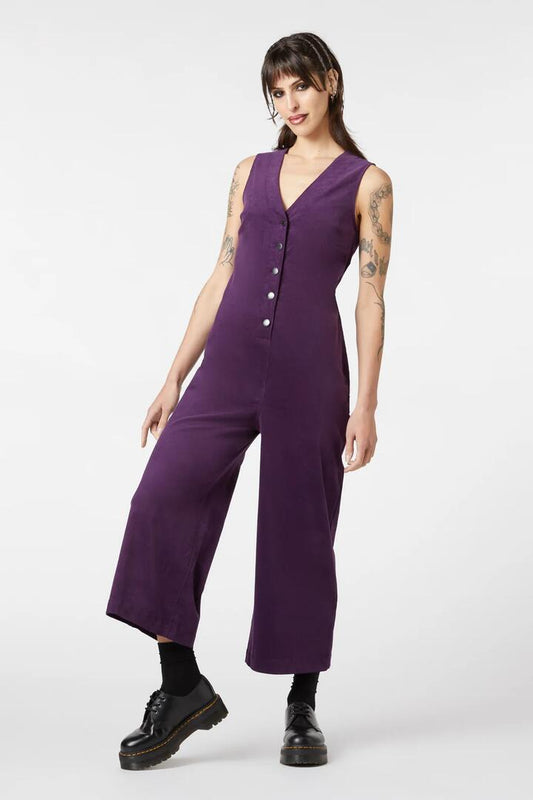 Image of a model wearing Pants. Productname: Grapejuice Overall in Plum colour by brand - Dangerfield