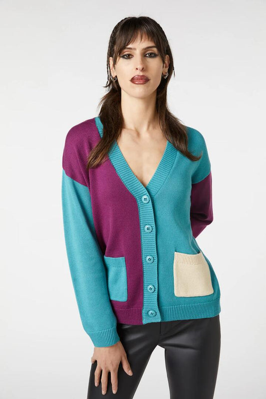 Image of a model wearing Outerwear. Productname: Tabby Colour Bock Cardi in Multi colour by brand - Dangerfield