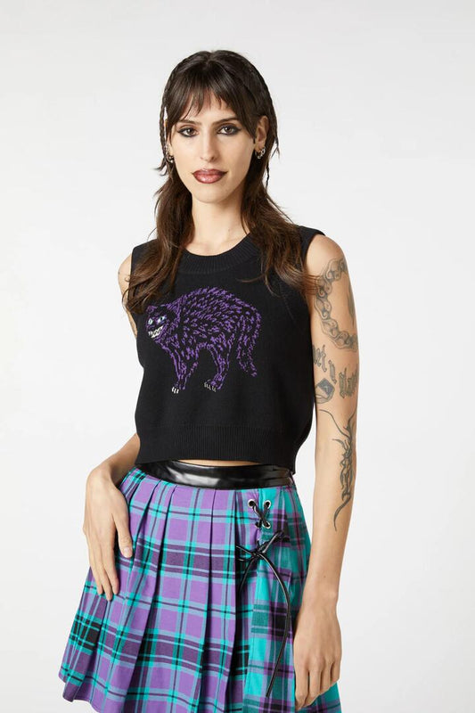 Image of a model wearing Tops. Productname: Grinning Cat Placement Vest in Black colour by brand - Dangerfield