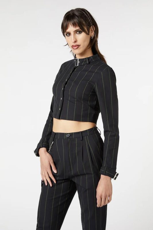 Image of a model wearing Tops. Productname: Mystery Pinstripe Blouse in Black colour by brand - Dangerfield