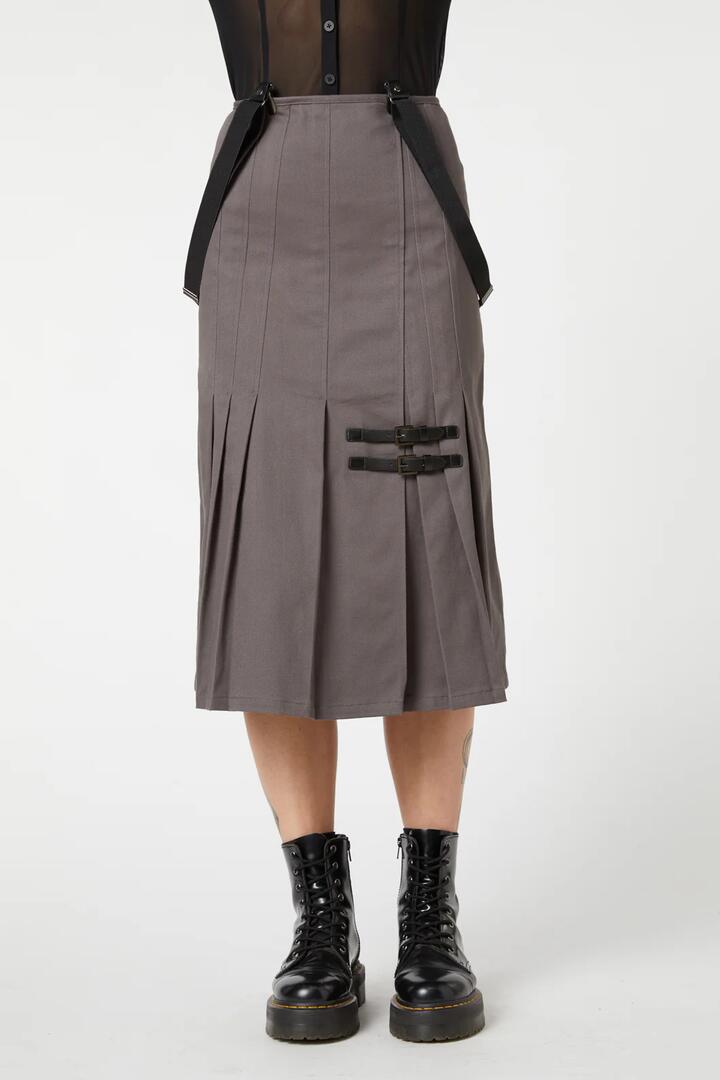 Image of a model wearing Skirts. Productname: Time & Date Pleated Skirt in Charcoal colour by brand - Dangerfield
