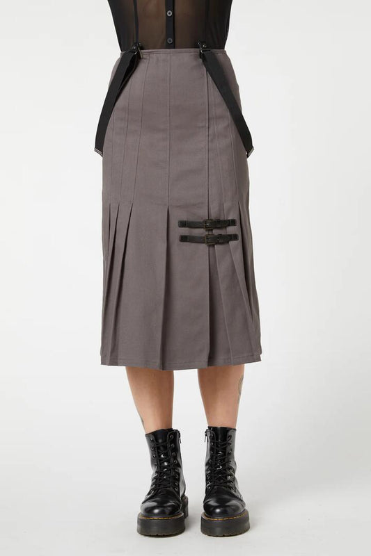 Image of a model wearing Skirts. Productname: Time & Date Pleated Skirt in Charcoal colour by brand - Dangerfield