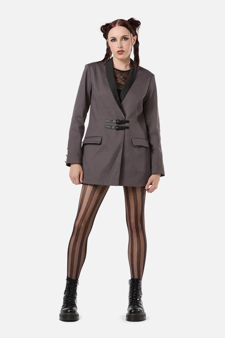 Image of a model wearing Outerwear. Productname: Time & Date Shawl Blazer in Charcoal colour by brand - Dangerfield