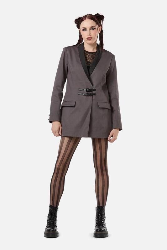 Image of a model wearing Outerwear. Productname: Time & Date Shawl Blazer in Charcoal colour by brand - Dangerfield