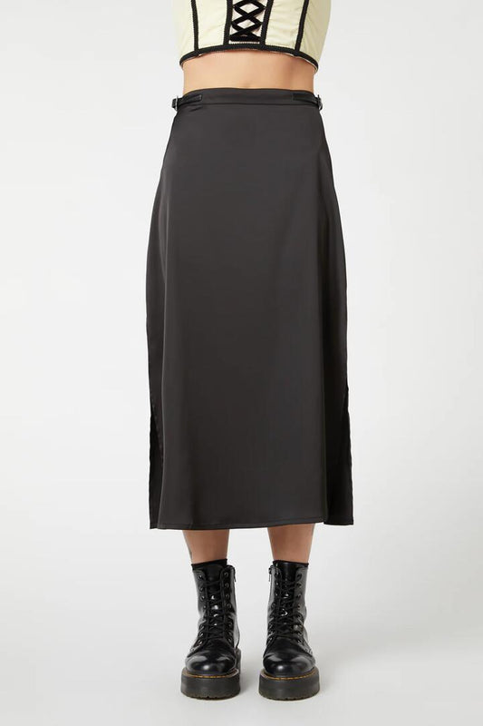 Image of a model wearing Skirts. Productname: Birth Chart Midi Slit Skirt in Black colour by brand - Dangerfield