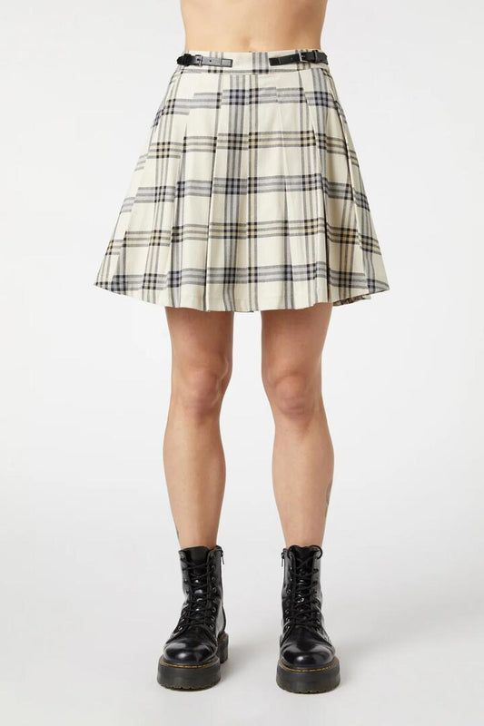 Image of a model wearing Skirts. Productname: Crescent Tartan Pleated Skirt in Beige colour by brand - Dangerfield