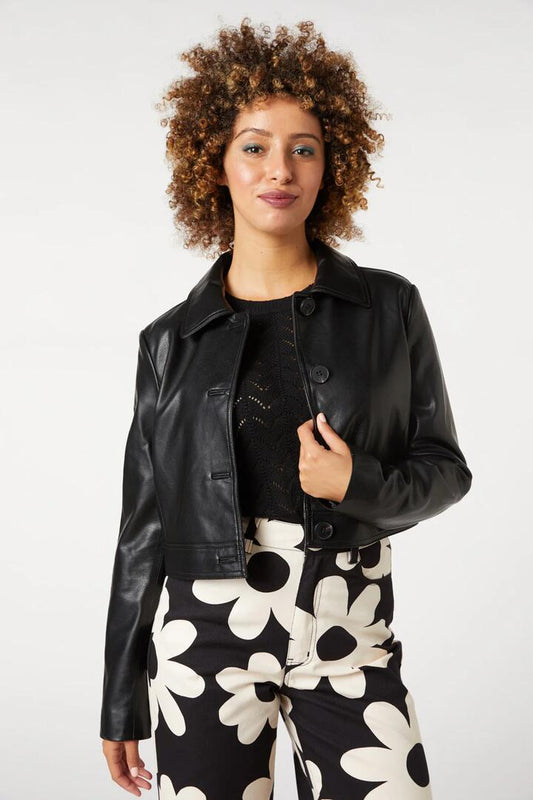 Image of a model wearing Outerwear. Productname: Cassidy Pleather Jacket in Chocolate colour by brand - Princess Highway