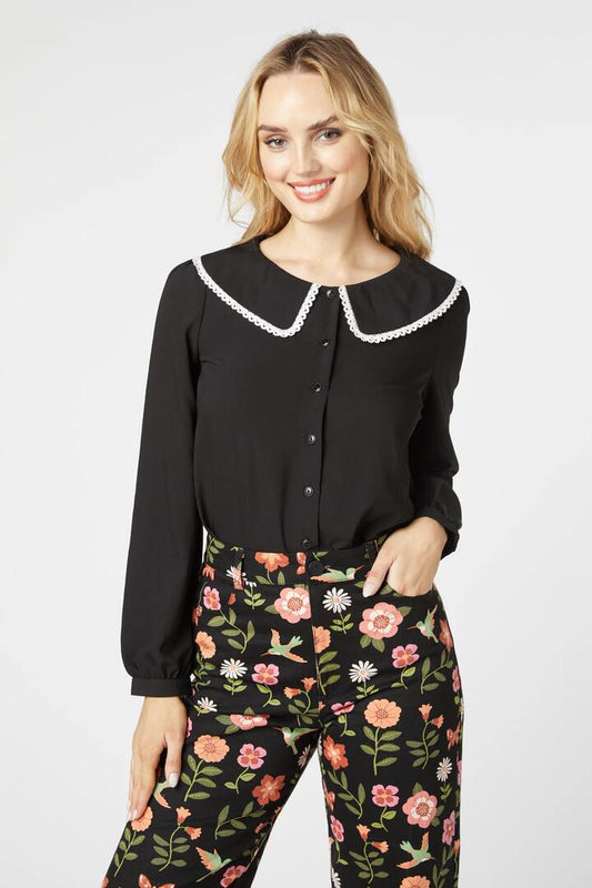 Image of a model wearing Tops. Productname: Cece Blouse in Black colour by brand - Princess Highway