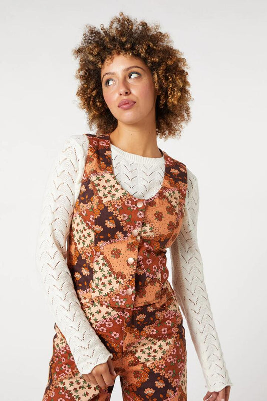 Image of a model wearing Tops. Productname: Patchwork Flower Vest in Chocolate colour by brand - Princess Highway