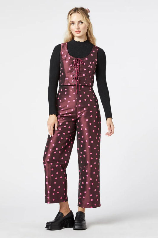 Image of a model wearing Tops. Productname: Bonnie Spot Vest in Berry colour by brand - Princess Highway
