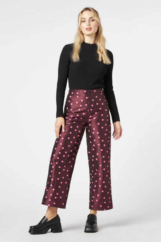 Image of a model wearing Pants. Productname: Bonnie Spot Pant in Berry colour by brand - Princess Highway