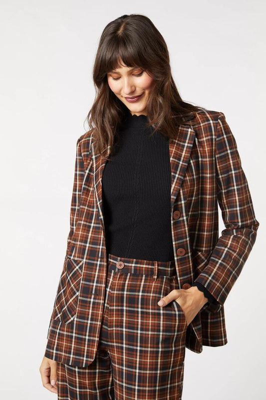 Image of a model wearing Outerwear. Productname: Amber Check Blazer in Toffee colour by brand - Princess Highway