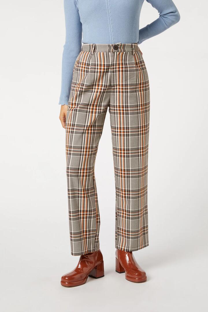 Image of a model wearing Pants. Productname: Tabitha Check Pant in Mocha colour by brand - Princess Highway