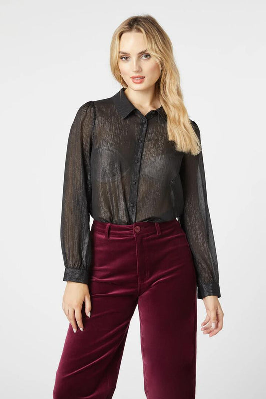 Image of a model wearing Tops. Productname: Pearl Glitter Blouse in Black colour by brand - Princess Highway