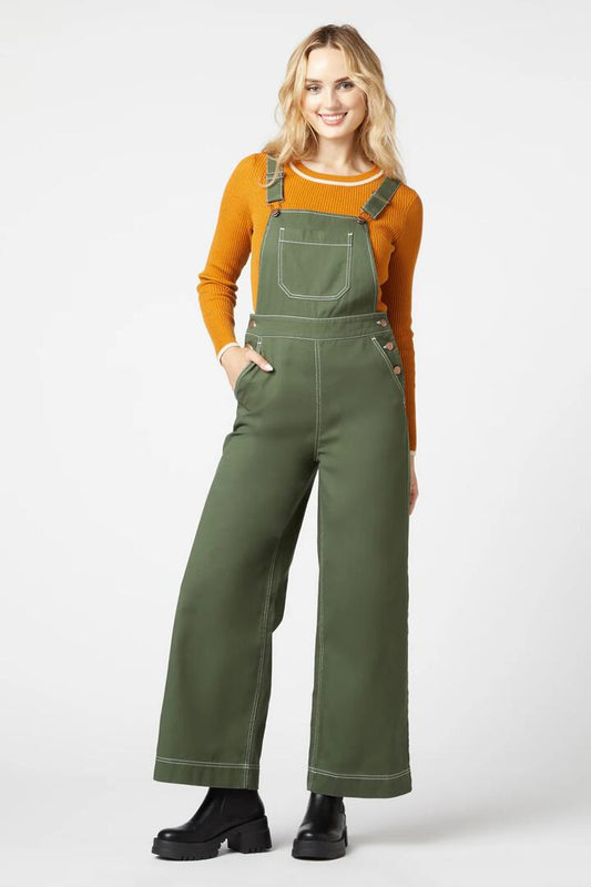 Image of a model wearing Pants. Productname: Ruth Overall in Olive colour by brand - Princess Highway