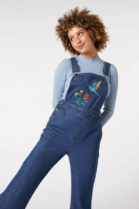 Image of a model wearing Pants. Productname: Sweet Nectar Embroidered Overall in Mid Denim colour by brand - Princess Highway